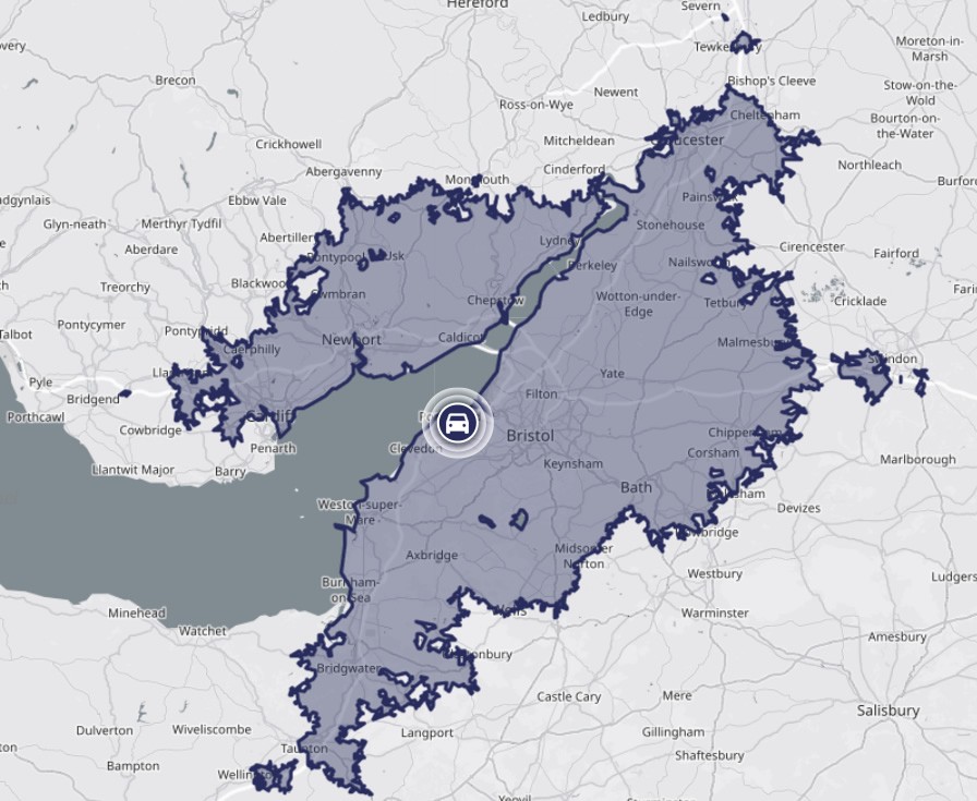 Map highlights areas we work that are 1 hour from Portishead