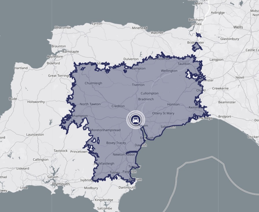 Map highlights areas we work that are 1 hour from Exeter