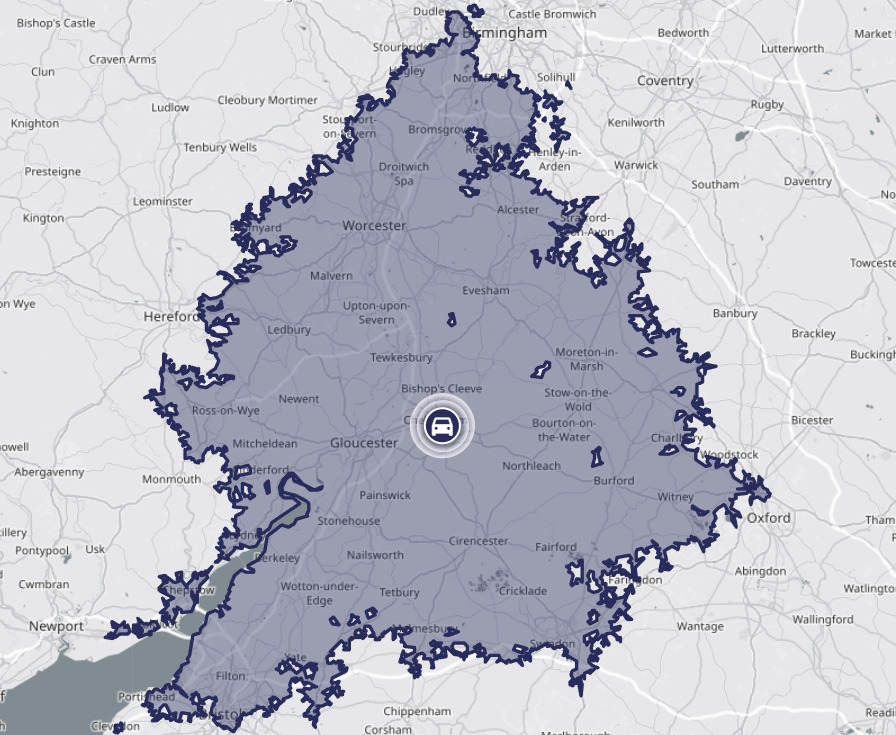 Map highlights areas we work that are 1 hour from Cheltenham